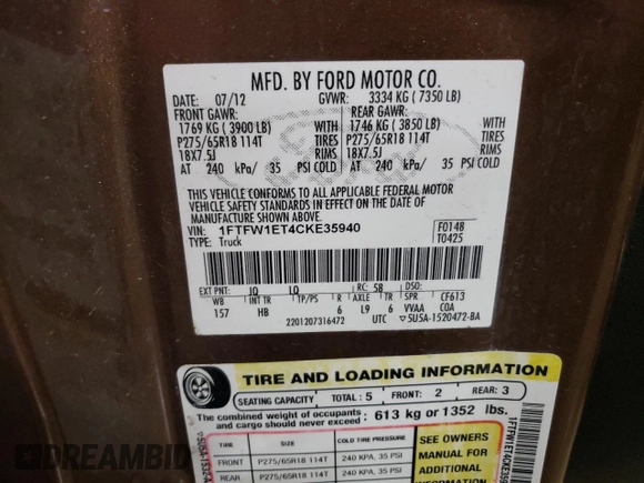 2012 Ford F-150 XL с VIN 1FTFW1ET4CKE35940, выставлен на аукционе Copart как лот 60761205 с пробегом 144 776 миль миль и Чистый • Clean title. История ставок и продаж доступна на DreamBid. Изображение 13.