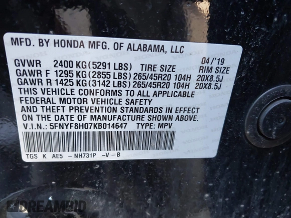 2019 Honda Passport Elite z VIN 5FNYF8H07KB014647, wystawiony jako IAAI lot #41544464 z przebiegiem 82 698 mil mil oraz . Historia ofert i sprzedaży dostępna na DreamBid. Obrazek 9.
