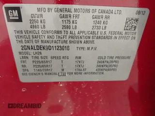 2013 Chevrolet Equinox LT with VIN 2GNALDEK9D1123018, listed as a IAAI auction lot 42079382 with 189,748 mi miles. Bid and sale history available at carsss.com. Image 9.