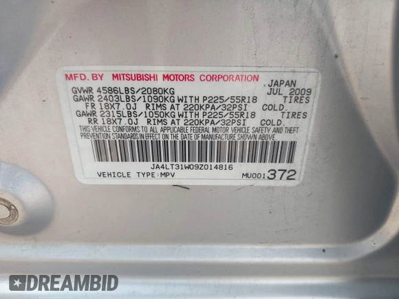 2009 Mitsubishi Outlander SE with VIN JA4LT31W09Z014816, listed as a IAAI auction lot 42399219 with 188,136 mi miles and . Bid and sale history available at DreamBid. Image 9.