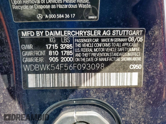 2006 Mercedes-Benz SLK 280 z VIN WDBWK54F56F093098, wystawiony jako Copart lot #58618735 z przebiegiem 155 916 mil mil oraz Tytuł czysty. Historia ofert i sprzedaży dostępna na DreamBid. Obrazek 12.