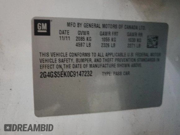 2012 Buick Regal Premium 1 with VIN 2G4GS5EK0C9147232, listed as a Copart auction lot 52810755 with 162,445 mi miles and Salvage Title. Bid and sale history available at DreamBid. Image 12.
