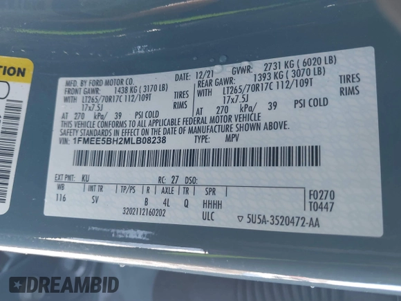 2021 Ford Bronco with VIN 1FMEE5BH2MLB08238, listed as a IAAI auction lot 41355446 with 44,441 mi miles and . Bid and sale history available at DreamBid. Image 9.