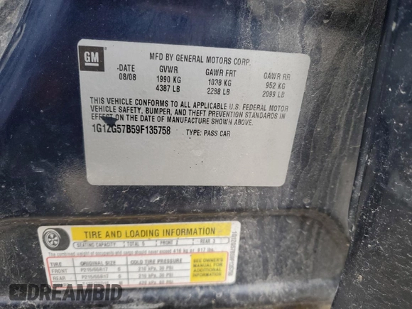 2009 Chevrolet Malibu 1LS with VIN 1G1ZG57B59F135758, listed as a Copart auction lot 49308485 with 239,407 mi miles and Salvage Title. Bid and sale history available at DreamBid. Image 12.