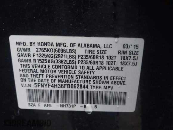 2015 Honda Pilot SE with VIN 5FNYF4H36FB062844, listed as a IAAI auction lot 41845542 with 165,368 mi miles and . Bid and sale history available at DreamBid. Image 9.