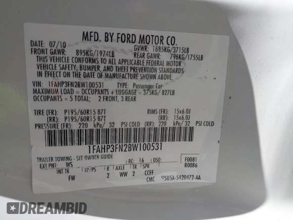 2011 Ford Focus SE with VIN 1FAHP3FN2BW100531, listed as a IAAI auction lot 42006640 with 63,563 mi miles and . Bid and sale history available at DreamBid. Image 9.