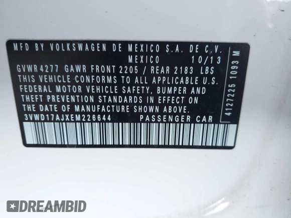 2014 Volkswagen Jetta SE with VIN 3VWD17AJXEM226644, listed as a IAAI auction lot 42717726 with 178,279 mi miles and . Bid and sale history available at DreamBid. Image 9.