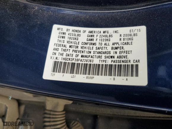 2015 Honda Accord Sedan LX with VIN 1HGCR2F36FA238360, listed as a Copart auction lot 44652945 with 68,894 mi miles and Salvage Title. Bid and sale history available at carsss.com. Image 12.