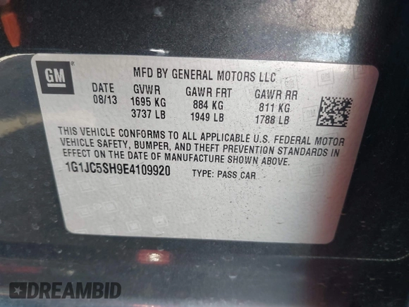 2014 Chevrolet Sonic LT with VIN 1G1JC5SH9E4109920, listed as a IAAI auction lot 42271051 with 135,194 mi miles and . Bid and sale history available at DreamBid. Image 9.