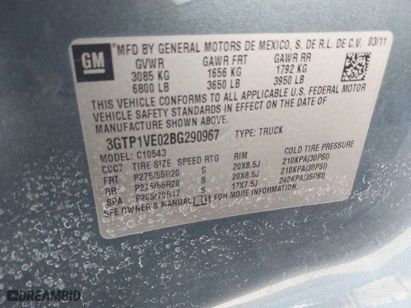2011 GMC Sierra 1500 SLE with VIN 3GTP1VE02BG290967, listed as a IAAI auction lot 41255905 with 225,609 mi miles. Bid and sale history available at carsss.com. Image 9.