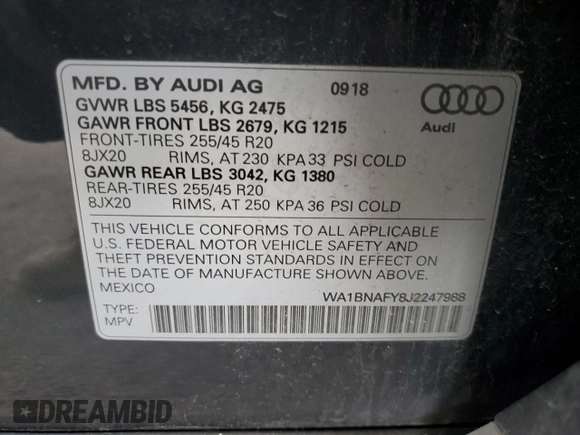 2018 Audi Q5 Premium Plus with VIN WA1BNAFY8J2247988, listed as a Copart auction lot 65188895 with 146,177 mi miles and Clean title. Bid and sale history available at DreamBid. Image 13.