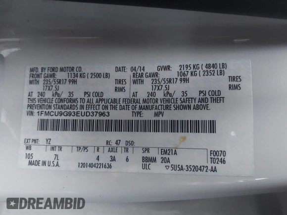 2014 Ford Escape SE with VIN 1FMCU9G93EUD37963, listed as a IAAI auction lot 41178797 with 171,149 mi miles and . Bid and sale history available at DreamBid. Image 9.
