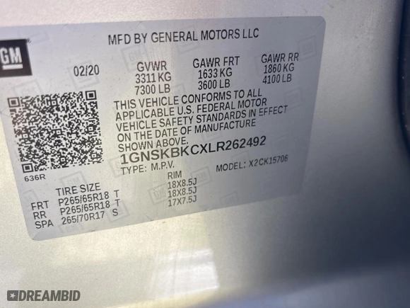 2020 Chevrolet Tahoe LT with VIN 1GNSKBKCXLR262492, listed as a Copart auction lot 53185735 with 99,627 mi miles and Clean Title. Bid and sale history available at carsss.com. Image 10.