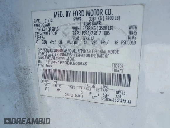 2013 Ford F-150 XL with VIN 1FTMF1EF0DKE09645, listed as a IAAI auction lot 41562685 with 280,266 mi miles and . Bid and sale history available at DreamBid. Image 9.