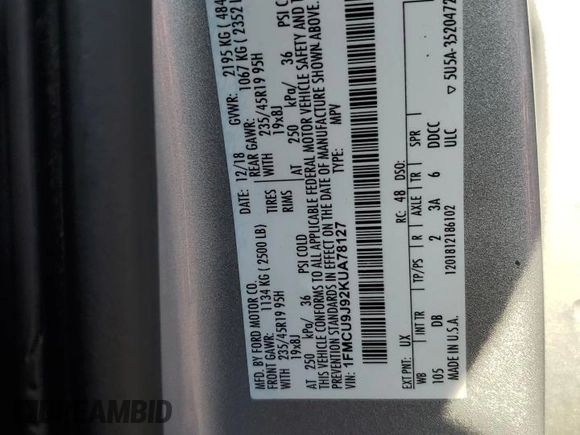 2019 Ford Escape Titanium with VIN 1FMCU9J92KUA78127, listed as a Copart auction lot 58488255 with 82,956 mi miles and Non repairable. Bid and sale history available at DreamBid. Image 12.