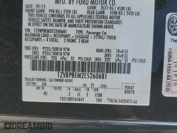2014 Ford Mustang V6 with VIN 1ZVBP8EM2E5260681, listed as a Copart auction lot 57455675 with Not provided miles and Salvage title. Bid and sale history available at DreamBid. Image 13.