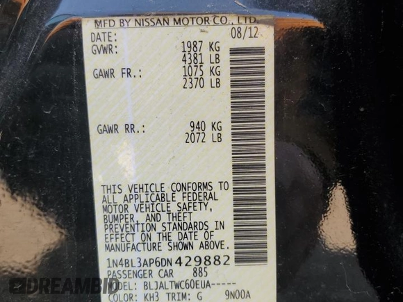 2013 Nissan Altima SV z VIN 1N4BL3AP6DN429882, wystawiony jako Copart lot #55535595 z przebiegiem 127 393 mil mil oraz Czysty tytuł • Clean title. Historia ofert i sprzedaży dostępna na DreamBid. Obrazek 12.