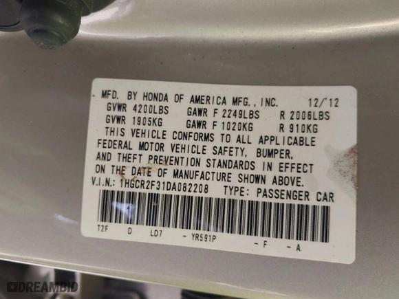 2013 Honda Accord Sdn LX with VIN 1HGCR2F31DA082208, listed as a IAAI auction lot 41372005 with 120,684 mi miles. Bid and sale history available at carsss.com. Image 9.