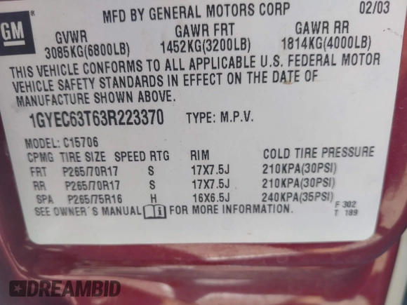 2003 Cadillac Escalade с VIN 1GYEC63T63R223370, выставлен на аукционе IAAI как лот 42475019 с пробегом 130 350 миль миль и . История ставок и продаж доступна на DreamBid. Изображение 9.