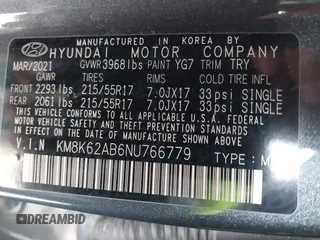 2022 Hyundai Kona SEL with VIN KM8K62AB6NU766779, listed as a IAAI auction lot 41889147 with 39,371 mi miles and . Bid and sale history available at DreamBid. Image 9.