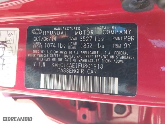2015 Hyundai Accent GLS with VIN KMHCT4AE1FU801913, listed as a IAAI auction lot 42035825 with 104,701 mi miles. Bid and sale history available at carsss.com. Image 9.
