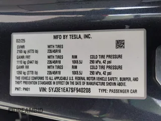 2025 Tesla Model 3 Long Range with VIN 5YJ3E1EA7SF940208, listed as a IAAI auction lot 42433793 with 1,983 mi miles and . Bid and sale history available at DreamBid. Image 9.