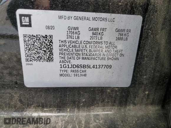 2020 Chevrolet Sonic LT z VIN 1G1JD6SB5L4137709, wystawiony jako Copart lot #55651925 z przebiegiem 38 048 mil mil oraz Szkoda całkowita • Salvage title. Historia ofert i sprzedaży dostępna na DreamBid. Obrazek 12.