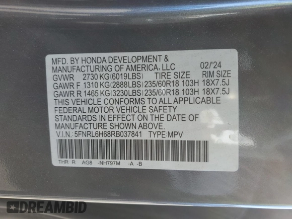 2024 Honda Odyssey EX-L with VIN 5FNRL6H68RB037841, listed as a Copart auction lot 50380715 with 11,880 mi miles and Salvage Title. Bid and sale history available at DreamBid. Image 14.
