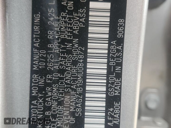 2021 Lexus ES with VIN 58AGZ1B19MU084872, listed as a Copart auction lot 44004425 with 65,257 mi miles and Salvage Title. Bid and sale history available at carsss.com. Image 12.