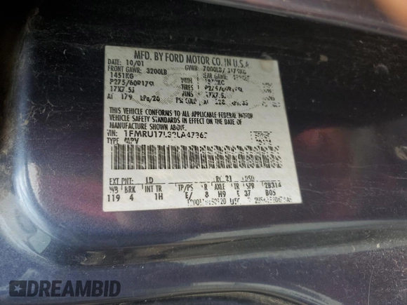 2002 Ford Expedition Eddie Bauer with VIN 1FMRU17L32LA47862, listed as a Copart auction lot 60877275 with Not provided miles and Salvage title. Bid and sale history available at DreamBid. Image 13.