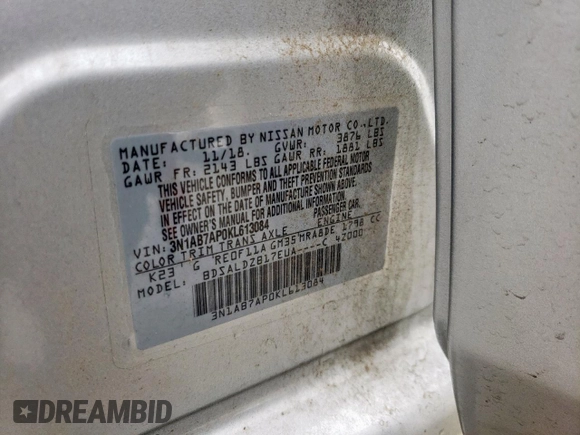 2019 Nissan Sentra SV with VIN 3N1AB7AP0KL613084, listed as a Copart auction lot 55514075 with 115,051 mi miles and Salvage Title. Bid and sale history available at DreamBid. Image 13.