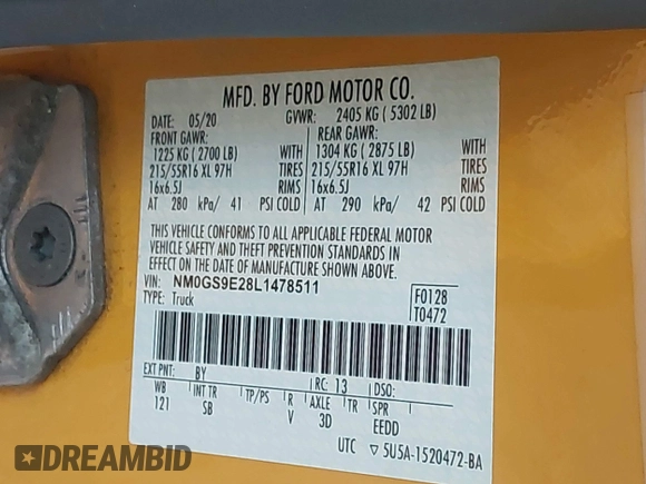 2020 Ford Transit Connect XL z VIN NM0GS9E28L1478511, wystawiony jako IAAI lot #42602330 z przebiegiem 161 890 mil mil oraz . Historia ofert i sprzedaży dostępna na DreamBid. Obrazek 9.