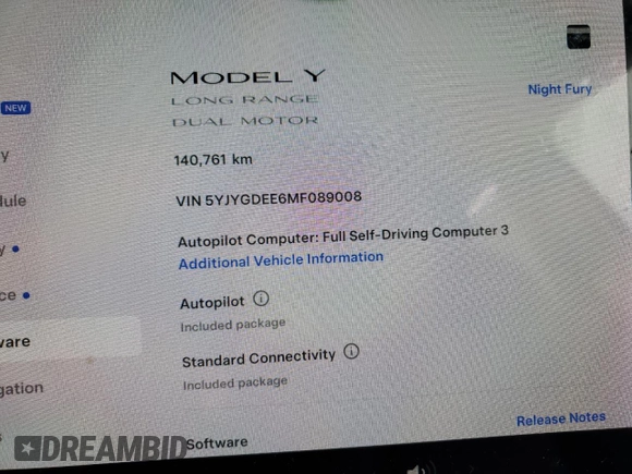 2021 Tesla Model Y Long Range z VIN 5YJYGDEE6MF089008, wystawiony jako Copart lot #45304715 z przebiegiem 140 761 mil mil oraz Szkoda całkowita • Salvage title. Historia ofert i sprzedaży dostępna na DreamBid. Obrazek 9.