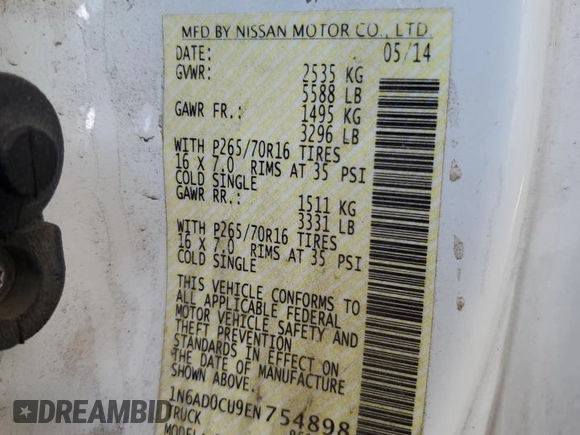 2014 Nissan Frontier SV with VIN 1N6AD0CU9EN754898, listed as a Copart auction lot 62481975 with 142,715 mi miles and Clean title. Bid and sale history available at DreamBid. Image 12.