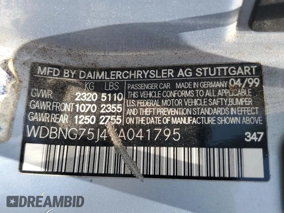 2000 Mercedes-Benz S 320/430/500 with VIN WDBNG75J4YA041795, listed as a Copart auction lot 62033745 with Not provided miles and Salvage title. Bid and sale history available at DreamBid. Image 13.