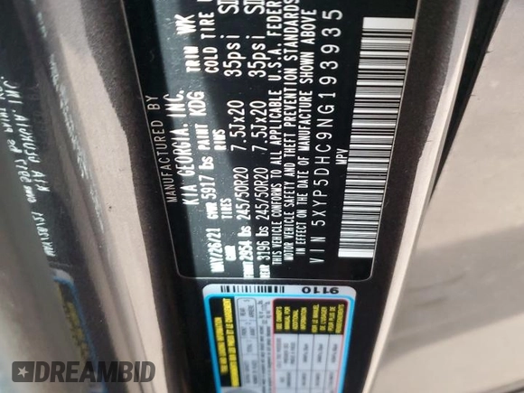 2022 Kia Telluride SX with VIN 5XYP5DHC9NG193935, listed as a Copart auction lot 46589285 with 85,217 mi miles and Salvage title. Bid and sale history available at DreamBid. Image 13.