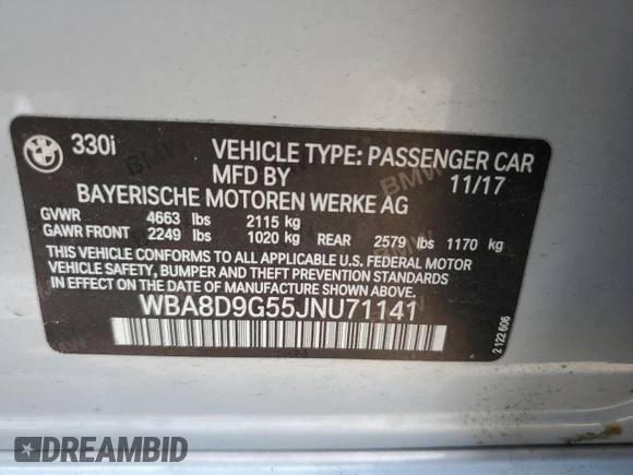 2018 BMW 3 Series 330i xDrive with VIN WBA8D9G55JNU71141, listed as a Copart auction lot 58625265 with 41,648 mi miles and Non repairable. Bid and sale history available at DreamBid. Image 12.