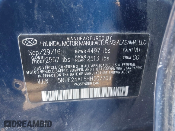 2017 Hyundai Sonata SE with VIN 5NPE24AF5HH507209, listed as a IAAI auction lot 41459129 with 145,842 mi miles. Bid and sale history available at carsss.com. Image 9.