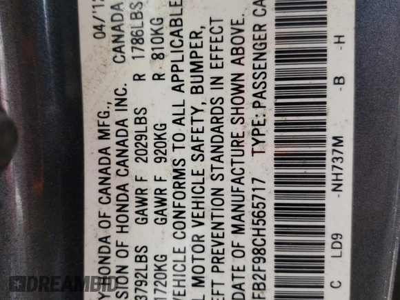 2012 Honda Civic EX-L with VIN 2HGFB2F98CH565717, listed as a Copart auction lot 56014695 with 159,440 mi miles and Salvage Title. Bid and sale history available at DreamBid. Image 12.