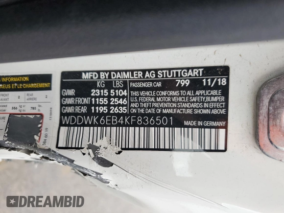 2019 Mercedes-Benz C 43 AMG with VIN WDDWK6EB4KF836501, listed as a Copart auction lot 49999575 with Not provided miles and Salvage title. Bid and sale history available at DreamBid. Image 12.