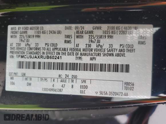 2024 Ford Escape Platinum with VIN 1FMCU9JAXRUB60241, listed as a Copart auction lot 42203275 with 5,907 mi miles and Non Repairable. Bid and sale history available at DreamBid. Image 15.