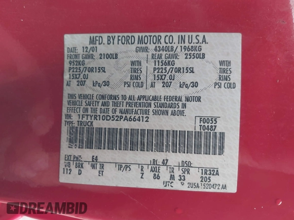 2002 Ford Ranger XL with VIN 1FTYR10D52PA66412, listed as a IAAI auction lot 41942600 with Not provided miles and . Bid and sale history available at DreamBid. Image 9.