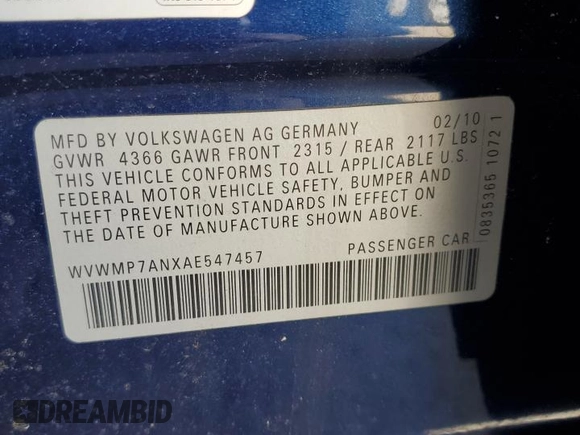 2010 Volkswagen CC Sport with VIN WVWMP7ANXAE547457, listed as a Copart auction lot 74494554 with 72,144 mi miles and Clean Title. Bid and sale history available at carsss.com. Image 12.