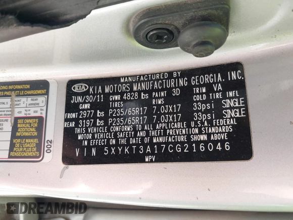 2012 Kia Sorento LX with VIN 5XYKT3A17CG216046, listed as a IAAI auction lot 39268223 with 188,886 mi miles. Bid and sale history available at carsss.com. Image 9.