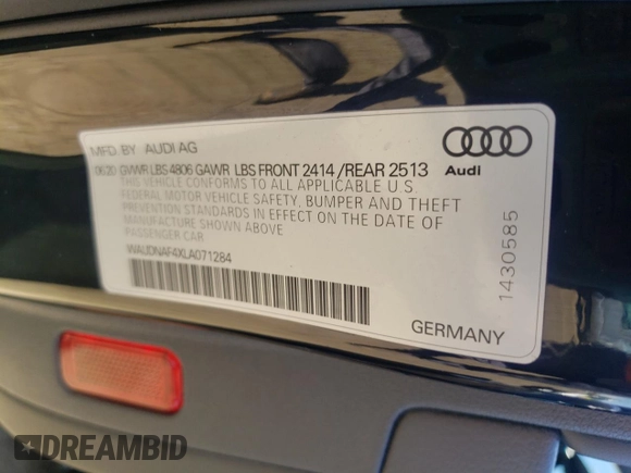 2020 Audi A4 Premium z VIN WAUDNAF4XLA071284, wystawiony jako Copart lot #57919234 z przebiegiem 60 947 mil mil oraz Szkoda całkowita • Salvage title. Historia ofert i sprzedaży dostępna na DreamBid. Obrazek 15.