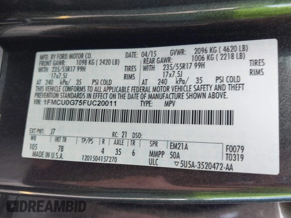 2015 Ford Escape SE with VIN 1FMCU0G75FUC20011, listed as a IAAI auction lot 42113751 with 182,516 mi miles. Bid and sale history available at carsss.com. Image 9.