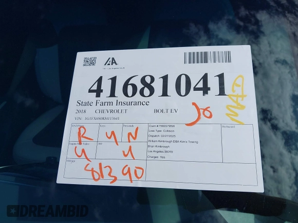 2018 Chevrolet Bolt EV Premier with VIN 1G1FX6S08J4113641, listed as a IAAI auction lot 41681041 with 81,390 mi miles. Bid and sale history available at carsss.com. Image 20.