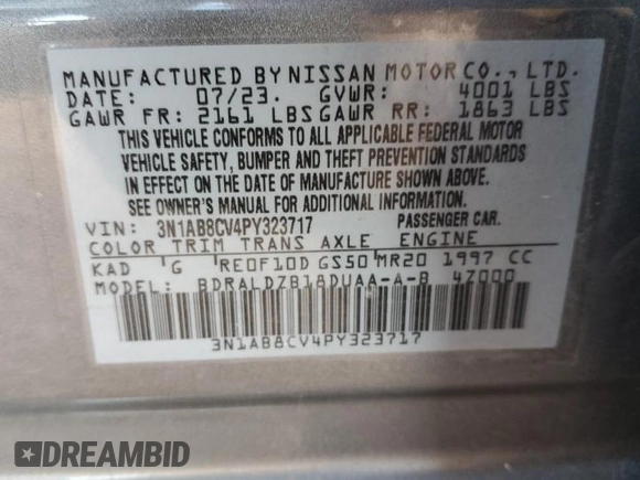 2023 Nissan Sentra SV with VIN 3N1AB8CV4PY323717, listed as a Copart auction lot 43829585 with 21,643 mi miles and Salvage Title. Bid and sale history available at carsss.com. Image 12.