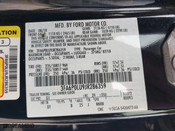 2018 Ford Fusion Hybrid SE with VIN 3FA6P0LU9JR286359, listed as a IAAI auction lot 41973064 with 145,267 mi miles. Bid and sale history available at carsss.com. Image 9.