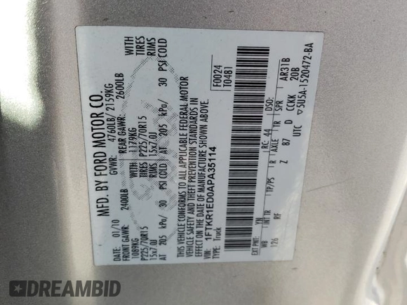 2010 Ford Ranger XL with VIN 1FTKR1ED0APA35114, listed as a Copart auction lot 78546634 with 113,109 mi miles and Salvage Title. Bid and sale history available at DreamBid. Image 14.
